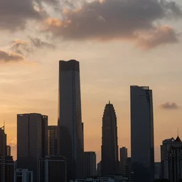 skyscrapers, sunset, cinematic lighting, atmospheric clouds, small birds in a distance, photorealistic,
