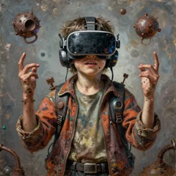 six - handed junky kid, cybertronic gadgets and vr helmet, durty colours, rotten textures, rusty shapes, biotechnology, bao pnan, tim hildebrandt, wayne barlow, bruce pennington, donato giancola, larry elmore, oil on canvas, denoise, masterpiece, featured on pixiv, cinematic composition, hyper - detailed, hd, hdr, 4 k, 8 k