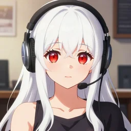 anime visual of a cute girl, with + ( ( red eyes ) ) + long white hair + ( ( wearing a headset in her room interior ) ), poster by ilya kuvshinov, kyoani, yoshinari yoh, artstation, detailed face features