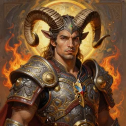 handsome brazilian male warrior with spiraling ram horns, mars halo, digital oil paining by artgerm, greg rutkowski, mucha, portrait | art nouveau. hearthstone. ornate intricate detail, complimentary fire colors. sharp edges. clear detailed. 8 k. elegance