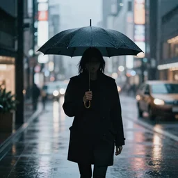 a shadow figure holding an umbrella in tokyo, rainy, moody, 5 0 mm