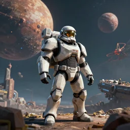 A space marine on an alien planet defending his ship with large planets in the background, low poly unreal engine cinematic lighting, amazing graphics RTX on