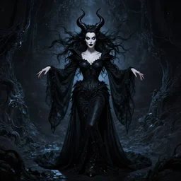 style of dave mckean : : gorgeous willa holland : : evil witch, swirling black magic, black dress : : symmetrical face, symmetrical eyes : : full body pose : : gorgeous black hair : : magic lighting, low spacial lighting : :