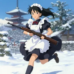 portrait of anime maid maid dress with mosin rifle in hands running winter, anatomically correct!! by greg rutkowski, key visual, kyoto animation, makoto shinkai, studio ghibli kushart krenz