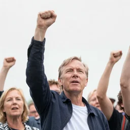 3 5 mm photograph of geert wilders raising a fist in the air and leading an angy torch - wielding mob, vandalizing amsterdam, shouting, crazy eyes, atmospheric lighting, by joel meyerowitz, by saul leiter