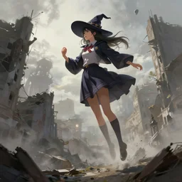 single female witch school uniform floats in the air, exploring abandoned city, collapsed building, fantasy, apocalypse, cinematic, illustration, masterpiece, digital painting, concept art, trending on artstation, art by ruan jia and wlop and greg rutkowski
