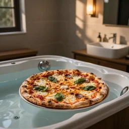 a pizza in the hot tub, bathroom, photo.