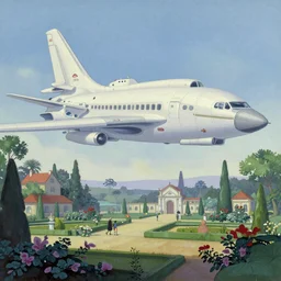 very detailed and perfectly readable fine and soft relevant outlines soft edges painting by beautiful walt disney animation films of the late 1990s and Thomas Cole in HD, we see a futuristic giant military design boeing architecture in a french perfect garden, nice lighting, perfect readability, UHD upscale