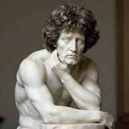 a hyper-detailed marble statue of Bob Ross; anatomically correct; an extraordinary masterpiece!!!; flawless; fearful posture; photorealistic eyes; trending on artstation; f/1.4; 90mm
