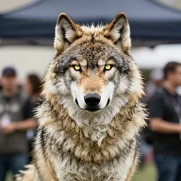 masculine wolf fursuiter, candid photo of a fursuiter taken in the dealers'den at midwest furfest 2 0 1 8, intricate fur design, glowing eyes ( all on you )
