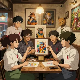 photorealistic anime italian cafe full of talking godlike artists showing off their art, masterpiece, award - winning, vfx, intricate animal people by hiyao miyazaki wearing chili peppers on their shirts, rim lighting