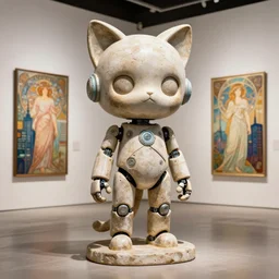 3 d octane render, ultra photorealistic, 8 k hyper detailed, a very cute roman statue robot of the anthropology primitive, cat ears, cyberpunkers cgsociety, in a contemporary art gallery, in neo tokyo, artwork by alphonse mucha