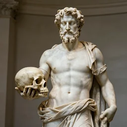 greek sculpture of a philosopher holding a skull, in a museum, hyperrealistic photograph in the style of bernini