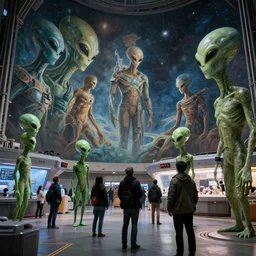 aliens standard in an integalactic space port while viewing a large mural about humans