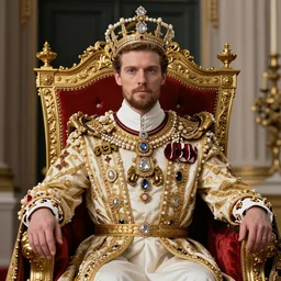 photo of gal godot sitting on queens throne royalty wearing royal mantle gold jewelry diamonds pearls jewels by alex ross