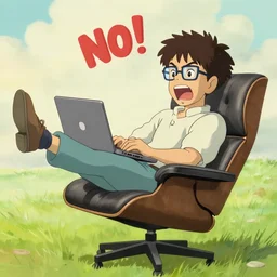 white man with glasses and short curly hair sitting in an eames lounge chair with his feet up at a laptop yelling no! illustrated in the anime style of studio ghibli
