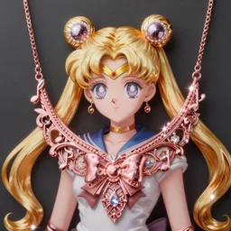 a beautiful detailed necklace made of rose gold glowing in sparkles with heavenly notes, highly detailed sailor moon aesthetic, fantasy, intricate, elegant, highly detailed, digital painting, artstation, concept art, matte, sharp focus, illustration, art by Artgerm and Greg Rutkowski and Alphonse Mucha