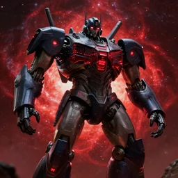 movie still frame, giant armored robot with black armor linee with red leds in epic pose, a blood red supernova star in the background, beautiful composition, 8 k, cgi, by ridley scott, zack snyder and michael bay