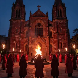 A dark cathedral made up of red sandstone lit up by a torches. In the middle of the cathedral is a bonfire surrounded by cultists in red hoods. Their backs facing towards the camera.