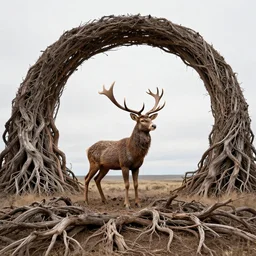 photo of a stargate by marc adamus, land art made of gnarled roots by jaehyo lee, with a stag standing in the middle, large antlers