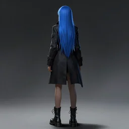 low - angle shot from behind of a long blue - haired girl in a tailcoat overlooking the void, combat boots, noir, screenshot, sharp focus, intricate, illustration, cell shaded, digital painting, highly detailed, straight hair, art by ilya kuvshinov, wlop, greg rutkowski, studio quality, james jean