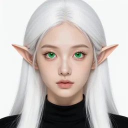 a beautiful portrait, white background, beautiful fantasy elf. black top, professionally retouched, soft lighting, realistic, smooth face, freckles on nose, beautiful green eyes, round black pupils, hyper detailed round iris, long white hair, cute ears, wide angle, sharp focus on eyes, 8 k high definition, insanely detailed, intricate, elegant, beautiful, art by artgerm and w