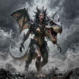 metamodernist lilith the mother of all monsters angry, raining ash, fine art masterpiece, highly detailed dino valls wayne barlowe machiej kuciara, dramatic lighting, long shot, wide angle, uhd 8 k, sharp focus
