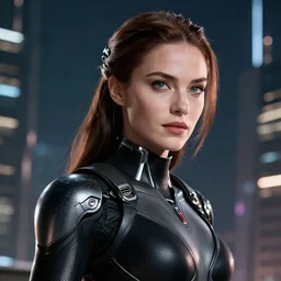 VFX movie closeup portrait of a futuristic hero cyborg woman in black spandex armor in future city, hero pose, beautiful skin, night lighting by Emmanuel Lubezki