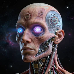 3D render of a rugged profile face portrait of a steampunk cyborg android, inset xray cross-section, neon lenses for eyes, Mandelbrot fractal, titanium skeleton, anatomical, flesh, facial muscles, wires, microchips, electronics, veins, arteries, glowing, full frame, microscopic, elegant, highly detailed, flesh ornate, elegant, dye contrast lighting, black light, octane render in the style of H.R. Giger and Johanna Martine and Jeffrey Smith, background of outer space neon nebulas by Pilar Gogar