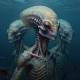 aquatic extraterrestrial portrait, three quarter view, gills, underwater, dramatic lighting, painted by andreas rocha