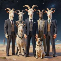 a painting of very well dressed goats, a dog that is sitting down with a space background, a person standing on a beach, cyberpunk art by android jones and mike beeple winkelmann, trending on cgsociety, afrofuturism, reimagined by industrial light and magic, concept art, blender 3 d, trending on cgsociety, 3 d render, rendered in octane