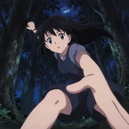 tatami galaxy,, anime key visual, young woman traveling in a forest at night, night sky, very dark, cute face by ilya kuvshinov, yoh yoshinari, dynamic pose, dynamic perspective, rounded eyes, kyoani, smooth facial features, dramatic lighting,