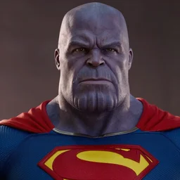 film still of thanos as superman in the new superman movie, 4 k, highly detailed face, detailed eyes