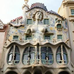“a woman body, is a incredible building like an sculpture, photorealism, Gaudi Style”