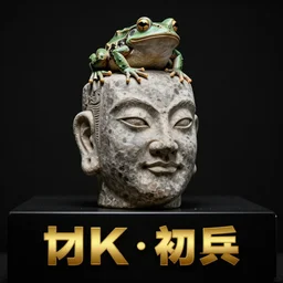 stone severed head of chinese philosopher guo xiang with eyes slightly open with a three - legged frog on his head on a black screen and golden text виd under it, photorealistic, black screen realistic, detailed, golden text below, hyperrealistic, high quality, high resolution, lossless, lossless quality, 8 k, hdr, 4 k, 1 6 k
