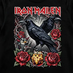 Heavy Metal TShirt Design, Black Ravens, thorny roses, cheesy Iron Maiden Motifs, crosshatching, highly detailed, smooth, intricate, ornate, hot topic, metalomania, killstar, tattoo artist