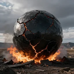 A giant shiny black sphere, crashed in the ground, cracks, gas fire in cracks, viewed from the side, hd photograph