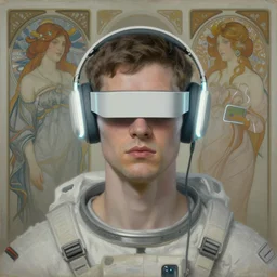 future coder man looking on, minimalist cyclops visor over eyes and minimalist bright headphoneset, neon accent lights, desaturated headshot portrait painting by dean cornwall, ilya repin, rhads, tom whalen, alex grey, alphonse mucha, donoto giancola, astronaut cyberpunk electric fashion photography