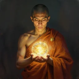monk holding an orb of light. fantasy, digital painting, hd, highly detailed.