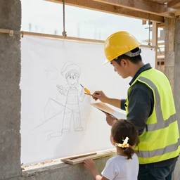 a photograph of a builder, working on a building drawn by a kid