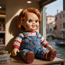 a screaming chucky doll made of milano glass sitting in a shop in venice