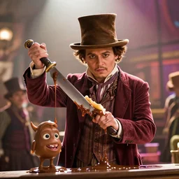 cinematic still of johnny depp playing a whimsical character holding a large knife covered in dripping fudge over an umpa lumpa in willy wonka & the chocolate factory film directed by tim burton, movie still, long lens, shallow depth of field, bokeh, anamorphic lens flare