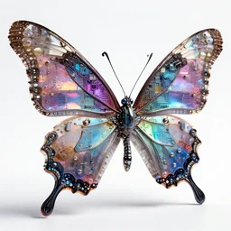 butterfly with mechanical body made of intricate complex circuitry and iridescent microchips, colorful, crystal, highly detailed, photorealistic camera shot, bright studio setting, studio lighting, crisp quality and light reflections, unreal engine 5 quality render