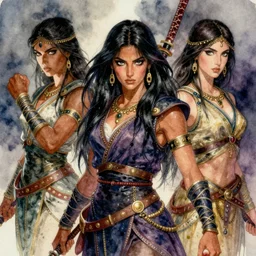 highly detailed watercolor, dark skinned ancient persian ninja women, long hair, powerful focus, magic realism, shogun, mysterious, vivid tones, by charles vess, anato finnstark, rebecca guay and leyendecker. dramatic lighting, beautiful face by