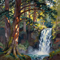 grove of cedar trees, waterfall, painting, emily carr