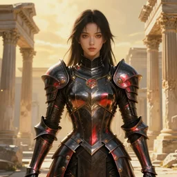 portrait knights of Zodiac girl, metallic black and reddish reflected armor, in ruined Agora of Athens, ssci-fi, fantasy, intricate, very very beautiful, elegant, golden light, highly detailed, digital painting, artstation, concept art, smooth, sharp focus, illustration, art by WLOP and tian zi and alphonse mucha
