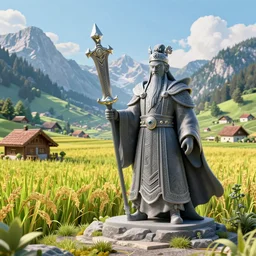 maximalist 3 d render of a maximalist magical mage emperor bladee standing in his matte painting of mountain cottages szene beside a vast ricefield in beautiful mountain landscape in the bavarian alps against a psychedelic surreal background with 3 d butterflies and 3 d flowers n the style of 1 9 9 0's cg graphics, lsd dream emulator psx, 3 d rendered y 2 k aesthetic by ichiro tanida, 3 do magazine, wide shot