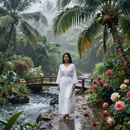 monsoon on tropical island, attractive oriental native in white, frontal, ornate, beautiful, atmosphere, vibe, mist, coconuts, rain, wet, pristine, puddles, melting, dripping, snow, creek, lush, ice, bridge, forest, roses, flowers, oil painting by hans zatska