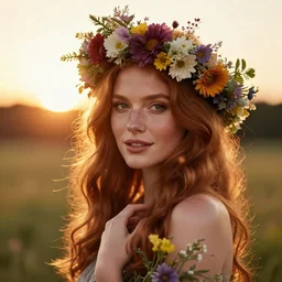 Fine art photo of a beauty model, she is redhead, she is posing while maintain a sweet eye contact to the camera, she has a crown of flowers and she has flowers around her, the photo was taken at sunset; you can see a bokeh effect behind the model, the photo was taken by Annie Leibovitz