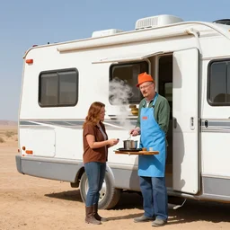 walter white and jessie pinkman cooking meth in their rv in the desert,